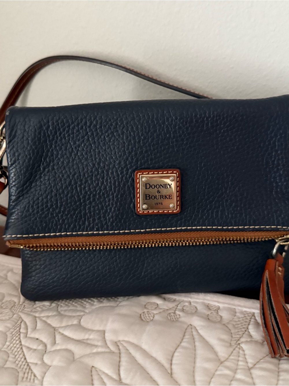 Dooney & Bourke Navy Pebbled Leather Fold-Over Crossbody with Tassel